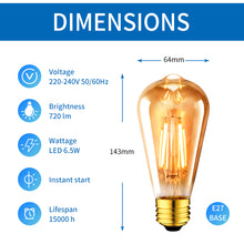 Load image into Gallery viewer, ANWIO Lampadine Filamento LED Ambrato ST64 E27 2500K 6.5W 720LM