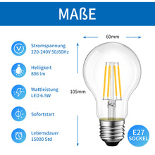 Load image into Gallery viewer, ANWIO E27 Filament LED Glühfaden A60 6.5W