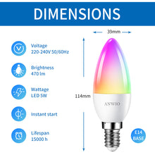 将图片加载到图库查看器，ANWIO Lampadina Alexa, Lampadina Smart,5W Equivalenti a 40W,470Lm,C37,Lampada Smart Wifi E14 con Telecomando Compatibile con Alexa, Echo and Google Assistant, RGB Intelligente Dimmerabile,2 Pcs
