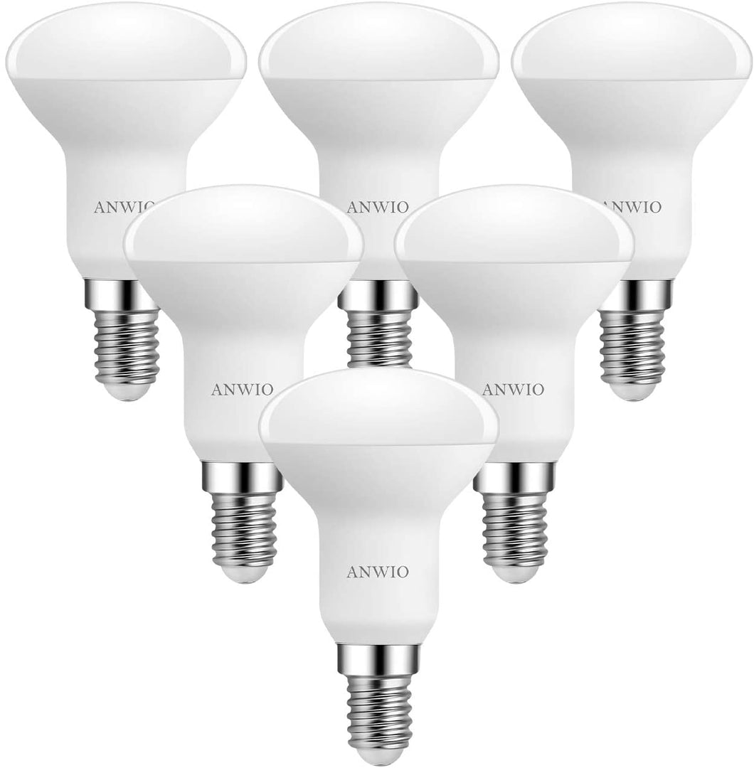 6 Unidades 4.9W Bombillas Reflectoras E14 R50 LED Casquillo Fino, Equivalente a 40W, 470 Lúmenes, 2700K Blanco Cálido, Bombilla LED E14 Roscada Fina - ANWIO.