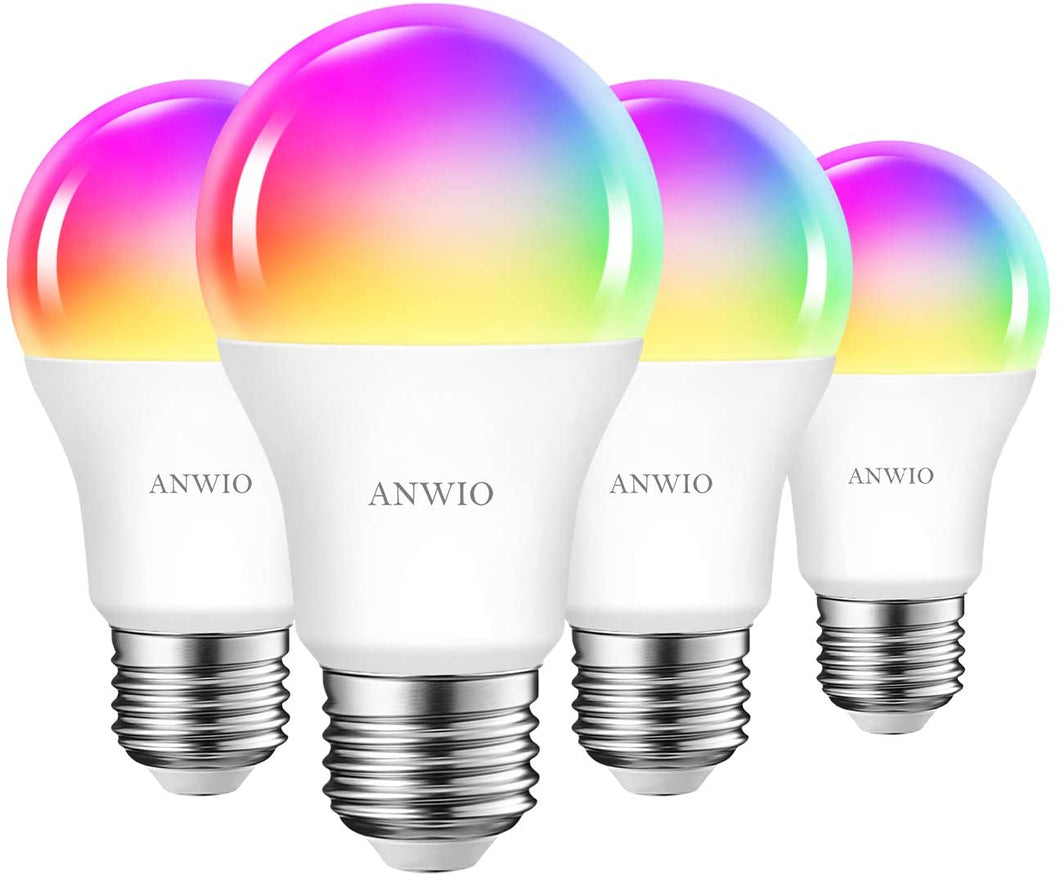 4 Unidades 10W Bombillas Inteligentes LED E27 RGB WiFi, A60 Equivalente a 80W, 806 Lúmenes, Funciona con Alexa, Google Home y Smart Life, ANWIO.
