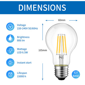 ANWIO Lampadine Filamenti LED Attacco E27 A60 806LM 6.5W 6500K Pacco da 6 Unità
