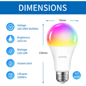 ANWIO Lampadina LED Smart Wifi Attacco E27 12W 1521Lm Pacco da 2 Unità