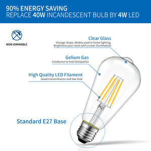 ANWIO Lampadine Filamento LED Attacco E27 ST64 4W 470LM 2700K Pacco da 6 Unità