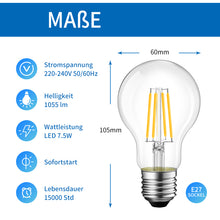 Load image into Gallery viewer, ANWIO E27 Filament LED Glühfaden A60 7.5W
